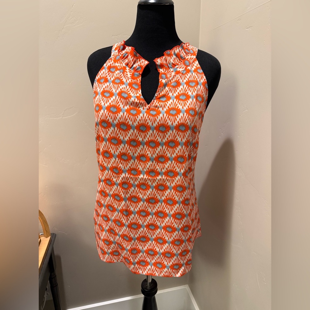 CAbi Vibrant Orange and Blue Sleeveless Blouse